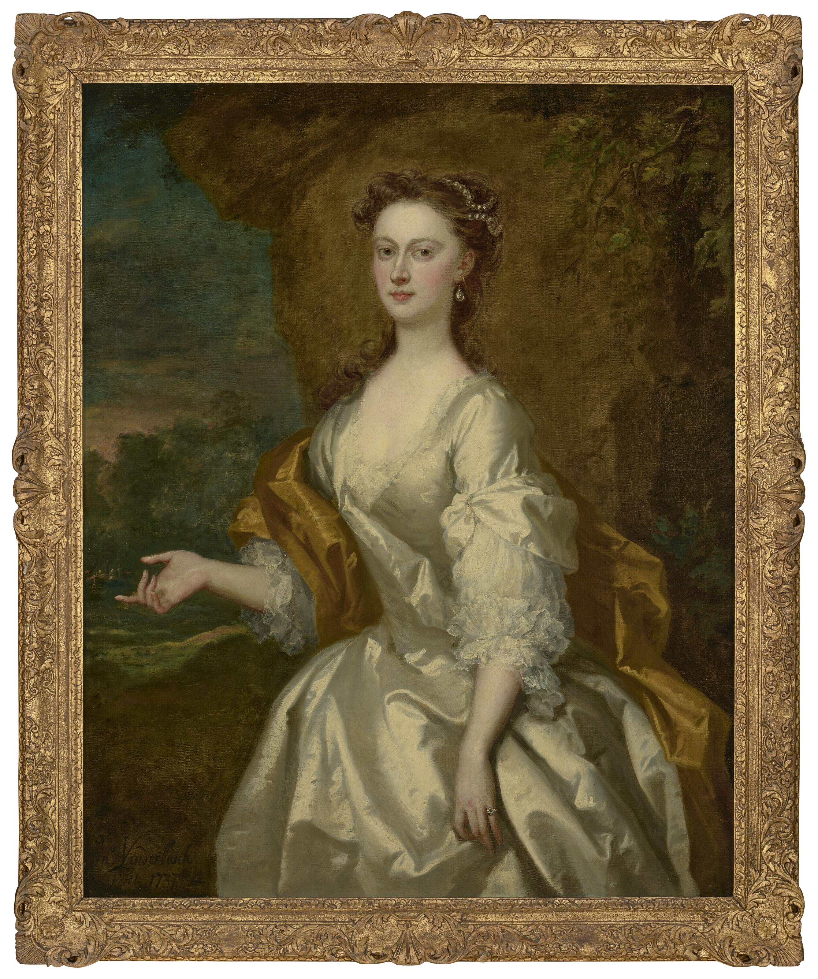 John Vanderbank - Portrait of Miss Dorothy Long (1703-1758), three-quarter-length, in a white dress with a yellow mantle, a park landscape beyond