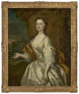 John Vanderbank - Portrait of Miss Dorothy Long (1703-1758), three-quarter-length, in a white dress with a yellow mantle, a park landscape beyond