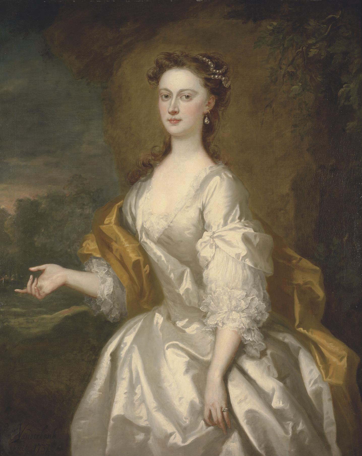 John Vanderbank - Portrait of Miss Rachel Long, three-quarter-length, in a white dress with a yellow mantle, a park landscape beyond