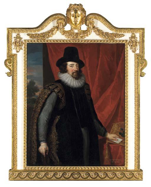 John Vanderbank - Portrait of Sir Francis Bacon (1561-1626), Three-Quarter-Length, In Lord Chancellor\'S Robes, Before A Red Curtain, A Landscape Beyond