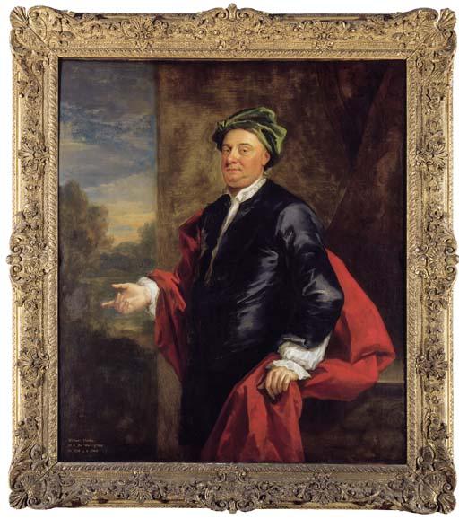 John Vanderbank - Portrait of William Hucks, three-quarter-length , in a dark blue coat, green cap and a red wrap, on a terrace