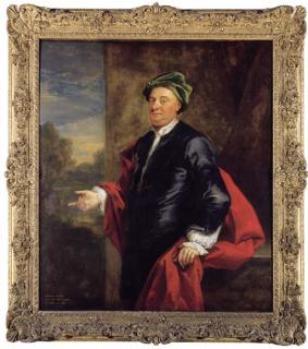 John Vanderbank - Portrait of William Hucks, three-quarter-length , in a dark blue coat, green cap and a red wrap, on a terrace