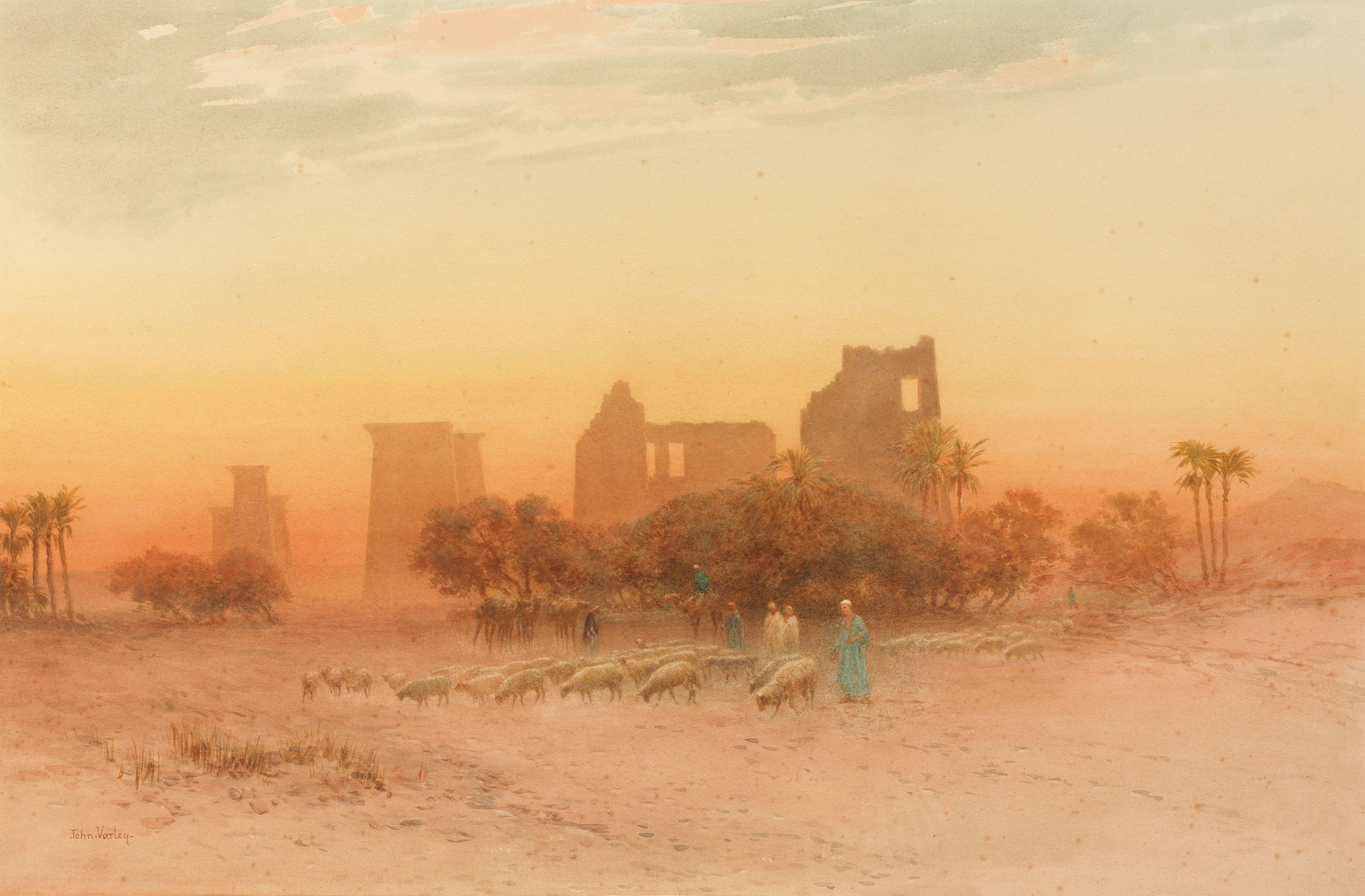 John Varley Jnr. - Herding sheep at sunset by an Egyptian ruin