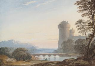 John Varley, O.W.S. - A Coastal Landscape With A Castle At Dusk