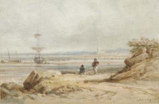 John Varley, O.W.S. - A coastal scene with fisherfolk and beached vessels beyond