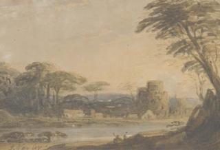 John Varley, O.W.S. - A fortified village by a river
