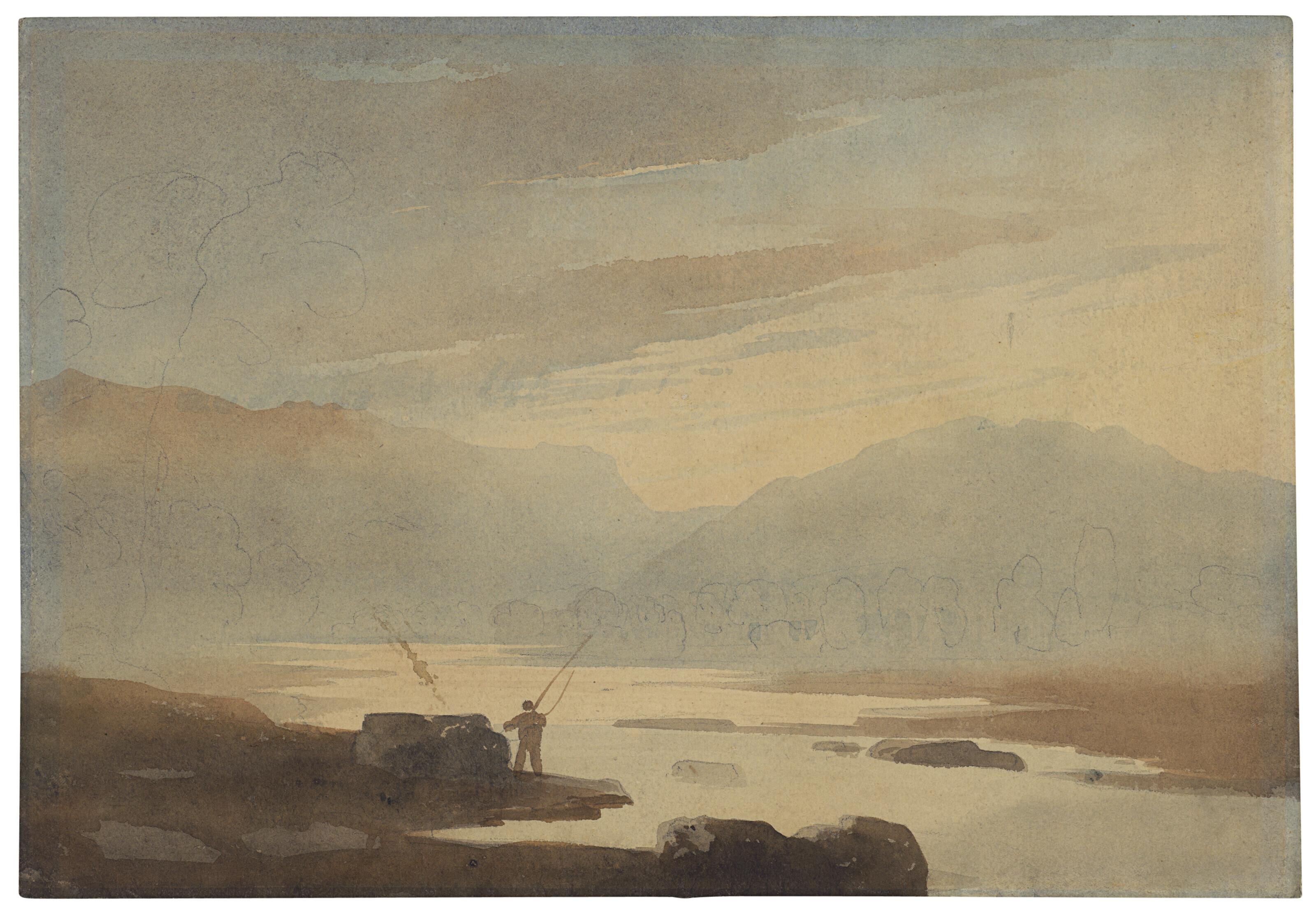 John Varley, O.W.S. - A sketch of an angler in a mountainous landscape