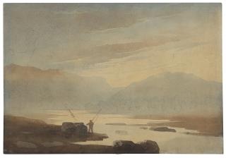 John Varley, O.W.S. - A sketch of an angler in a mountainous landscape