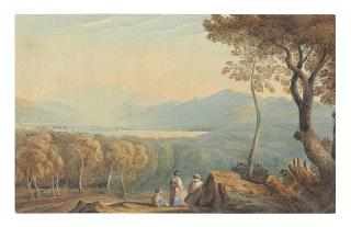 John Varley, O.W.S - An extensive landscape with a lake and mountains beyond, North Wales