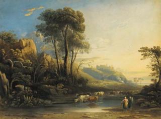 John Varley, O.W.S. - An extensive wooded landscape with cattle watering and a castle beyond