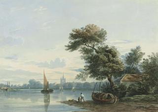 John Varley, O.W.S. - Barges on the Thames near Chiswick, London