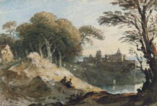 John Varley, O.W.S. - Figures seated before a castle on the coast