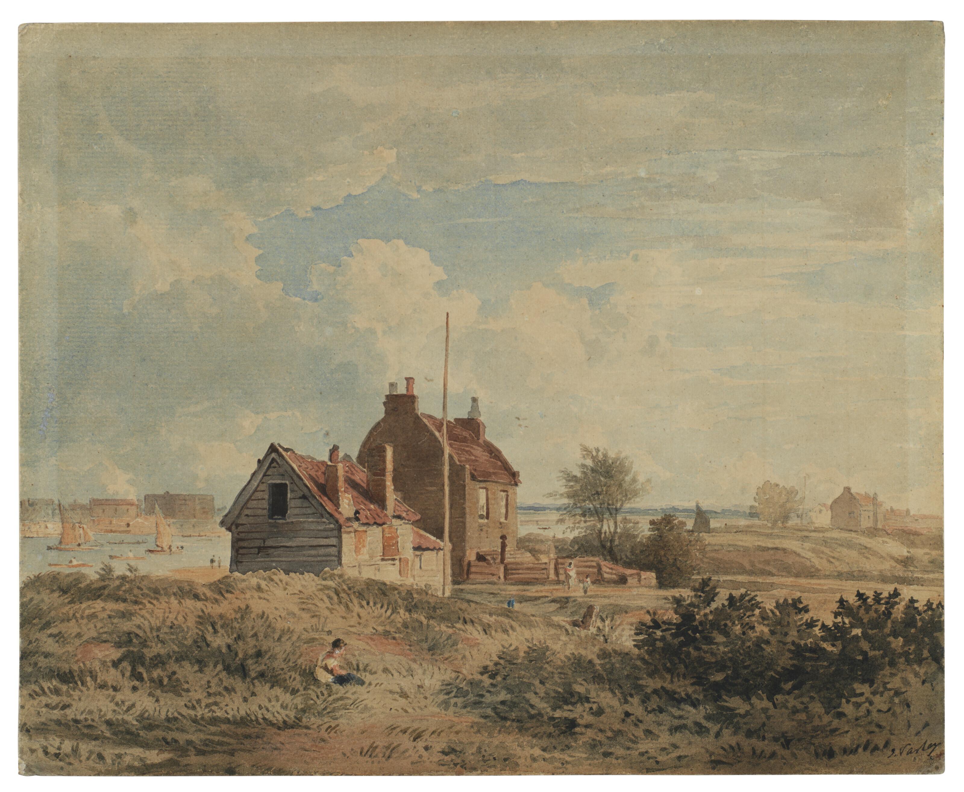 John Varley, O.W.S. - Old houses by the Thames, London