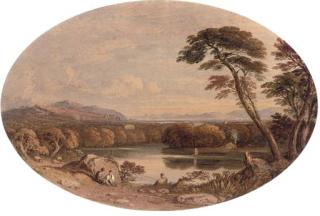 John Varley, O.W.S - Romantic landscape with figures in the foreground