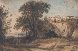 John Varley, O.W.S. - Sheep grazing before a hillside village on the coast