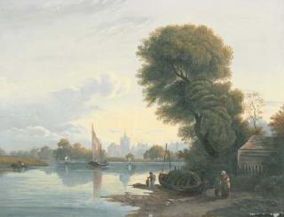 John Varley - Figures on the bank of the River Thames