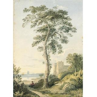 John Varley - Landscape With Large Tree And A Castle In The Distance