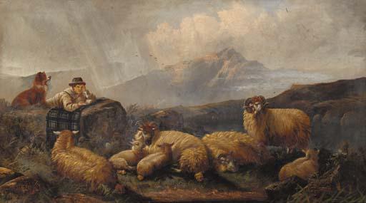 John W. Morris - A shepherd and his flock in a Highland landscape