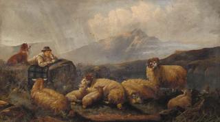 John W. Morris - A shepherd and his flock in a Highland landscape