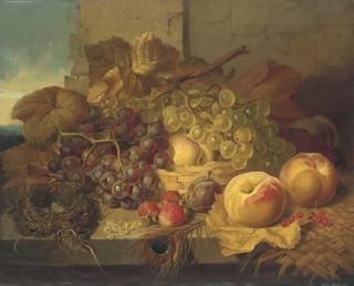 John Wainwright, R.W.S. - Red And White Grapes In A Basket, With Peaches, A Plum, Strawberries And White Currents, A Bird\'S Nest And Peacock Feather On A Stone Ledge