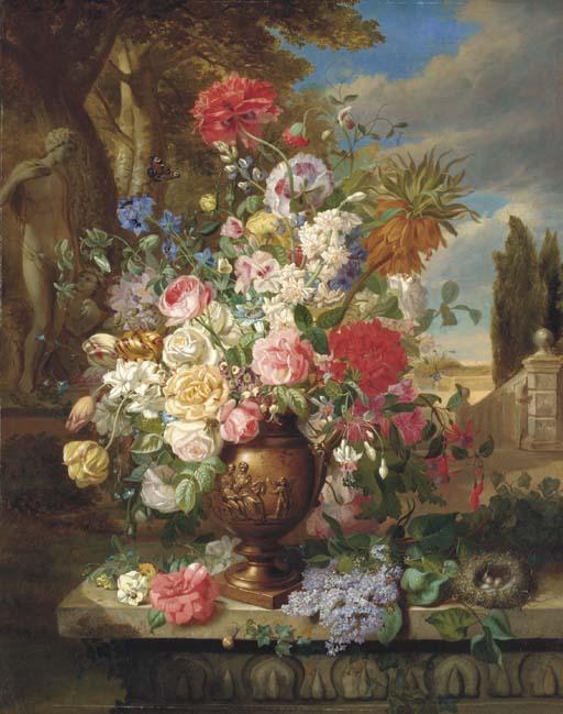 John Wainwright - Roses, Lillies, Tulips, Poppies And Other Flowers In A Vase In A Classical Garden