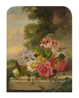 John Wainwright - Still life of flowers resting on a ledge