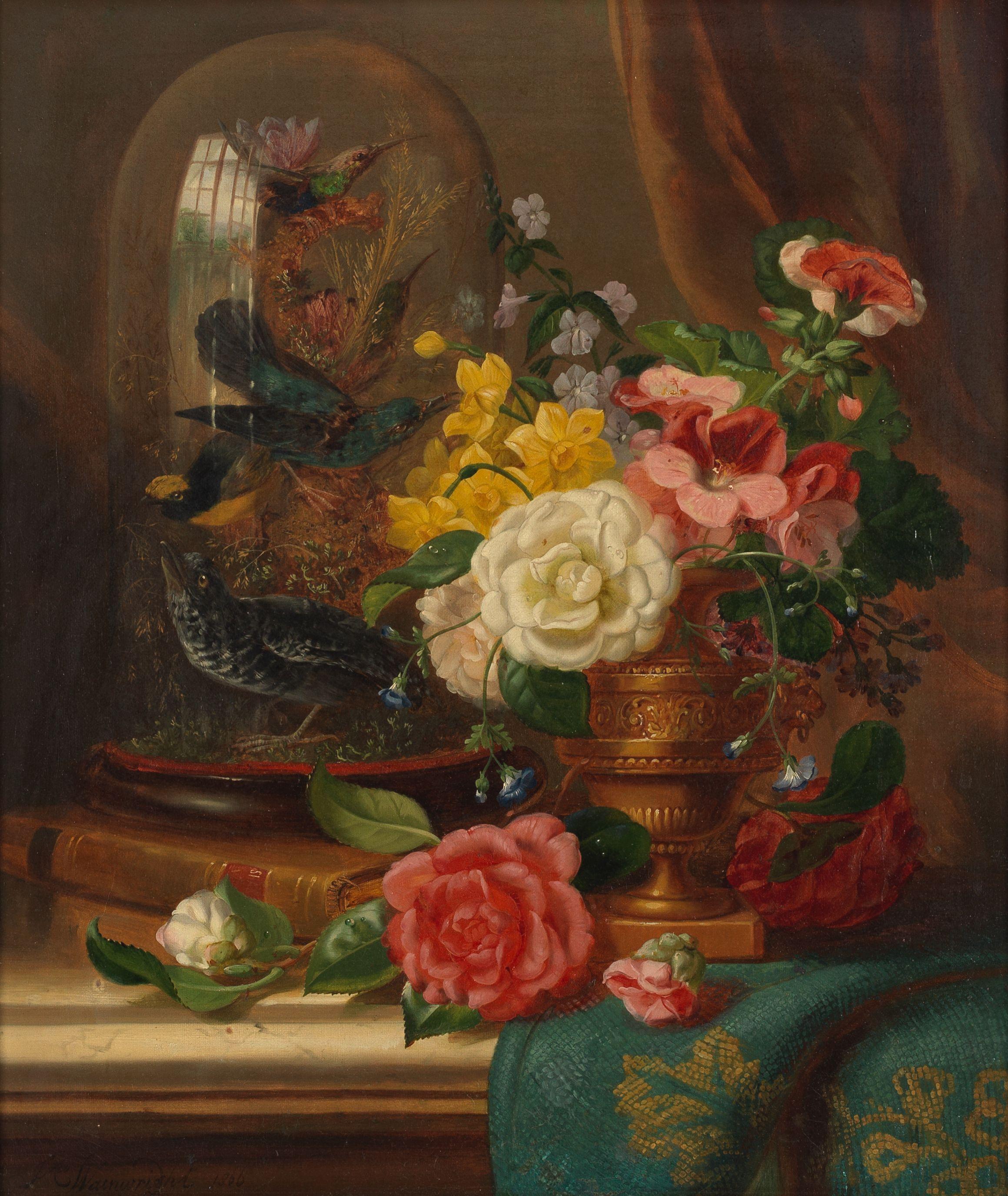 John Wainwright - Still life with flowers and stuffed birds in a glass dome