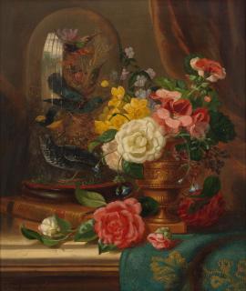 John Wainwright - Still life with flowers and stuffed birds in a glass dome