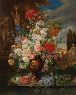 John Wainwright - Summer flowers and a bird\'s nest before a terrace