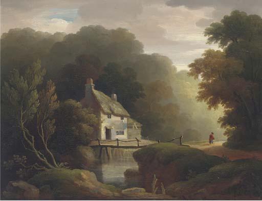 John Wallace Tucker - Near Exeter; And Figure By A Cottage In A Woodland Landscape