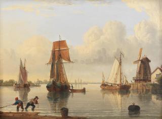 John Ward of Hull - A busy riverside with windmill