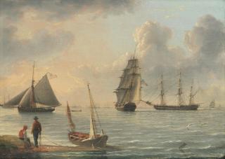 John Ward Of Hull - Figures By A Duster, Looking Towards A Naval Cutter And Frigate