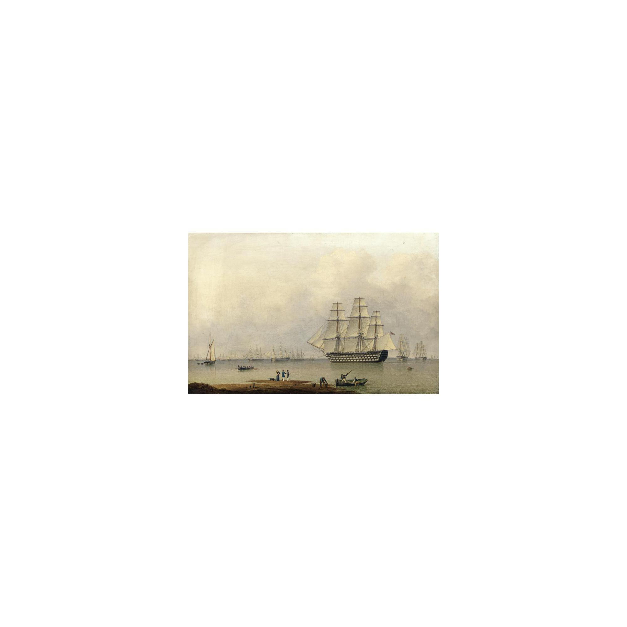 John Ward of Hull - H.M.S. Queen Sailing Out Of Portsmouth Harbour, Elegant Figures In The Foreground