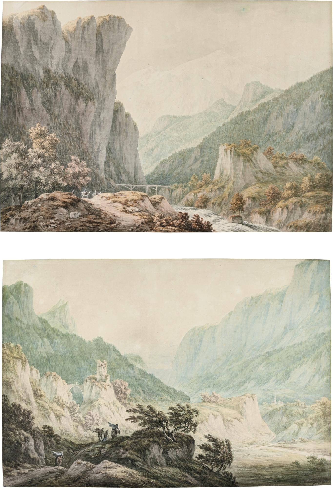 John \'Warwick\' Smith - The Pont Pelissier On The Road From Geneva To Chamonix, With Mont Blanc Beyond; Together With \'Travellers On The Descent Into Italy\'