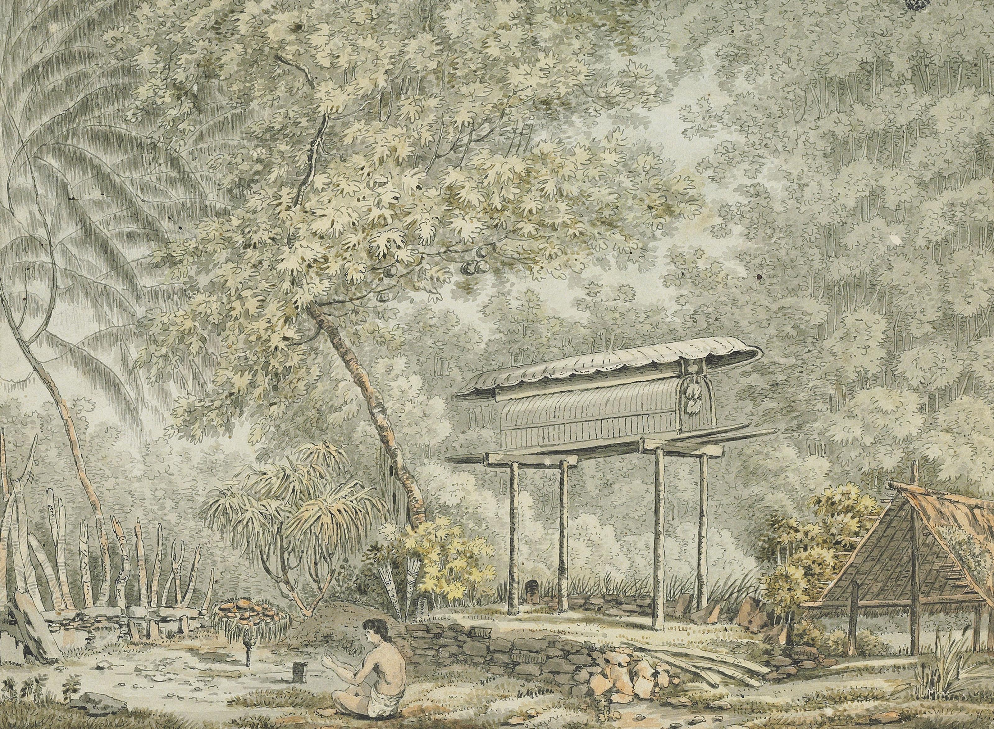 John Webber, R.A. - A Toopapao [tupapau ] of a chief, with a priest making an offering to the Morai [Huaheine (Fare), Tahiti]