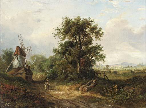 John Westall - A figure on a country track by a windmill