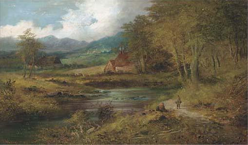 John Westall - Figures on a country track beside a pool