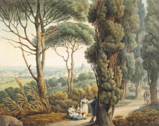 John White Abbott - Travellers seated on the road to Rome, St Peter\'s beyond