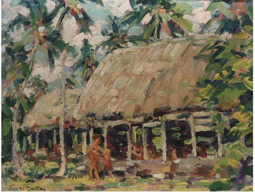 John William Bentley - The Fale (hut) of Chief Tugaga Safune Village, Savaii Island, Samo ; and Snow patched stream