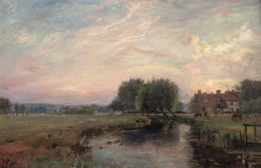 John William Buxton Knight, R.B.A., R.C.A. - A peaceful river landscape at sunset