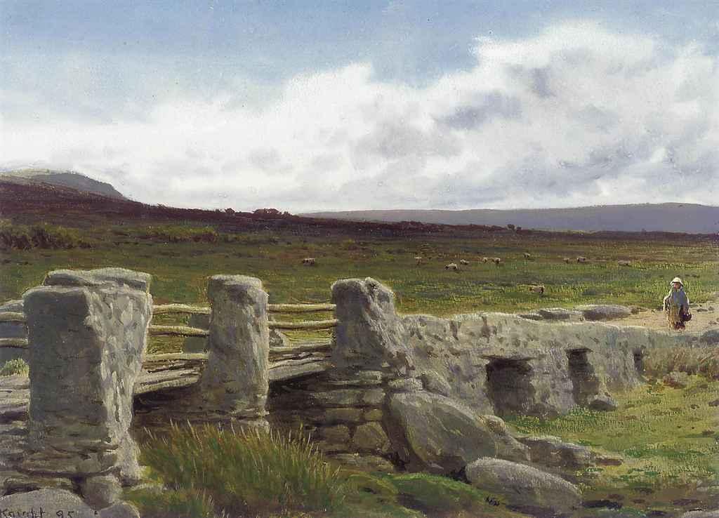 John William Buxton Knight - A figure approaching a bridge on a Derbyshire moor