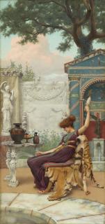 John William Godward, R.B.A. - Winding wool in a Pompeian garden