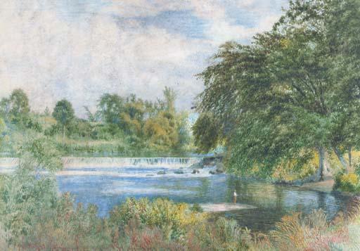 John William Hill - A Fisherman By A Waterfall