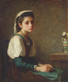 John William Waterhouse, R.A. - Portrait of A Young Girl, Seated, With A Vase of Daisies