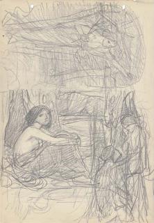 John William Waterhouse, R.A. - Study of A Lovesick Woman And Other Scenes (Recto, Illustrated); And Study of A Woman In A Flowing Dress And A Study of An Eye (Verso)