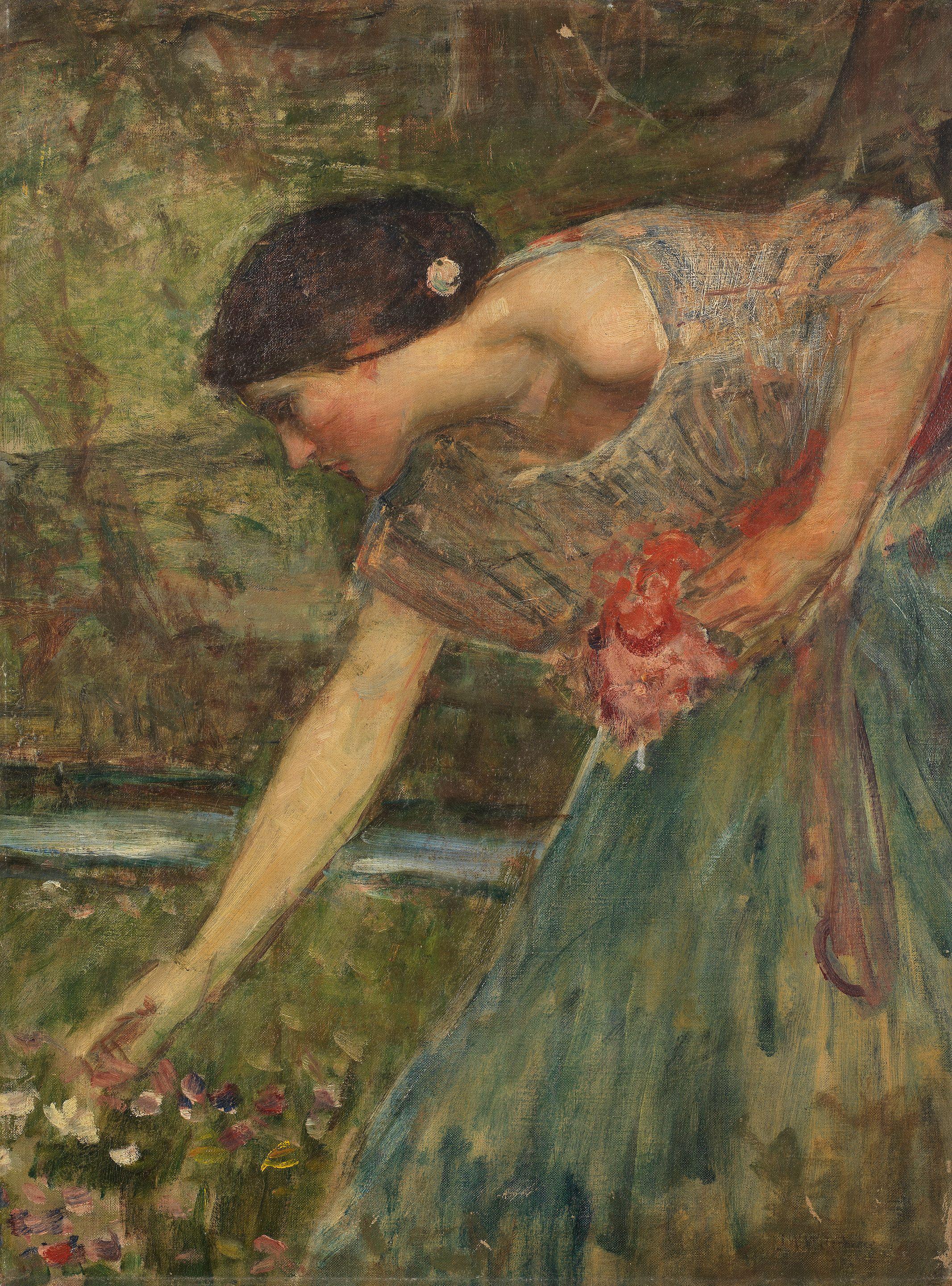 John William Waterhouse, RA, RI - Sketch for \'Gather Ye Rosebuds While Ye May\' or Narcissus