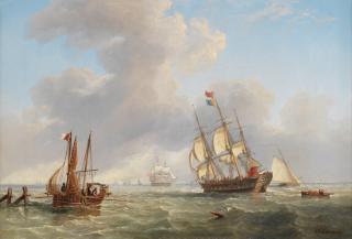 John Wilson Carmichael - A busy shipping channel with a frigate-built ship, a fishing boat and other shipping