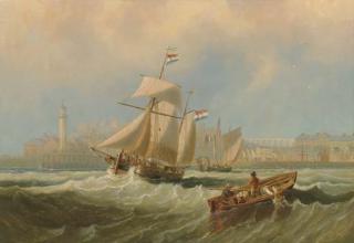 John Wilson Carmichael - Dutch barges running out of channel port thought to be Margate