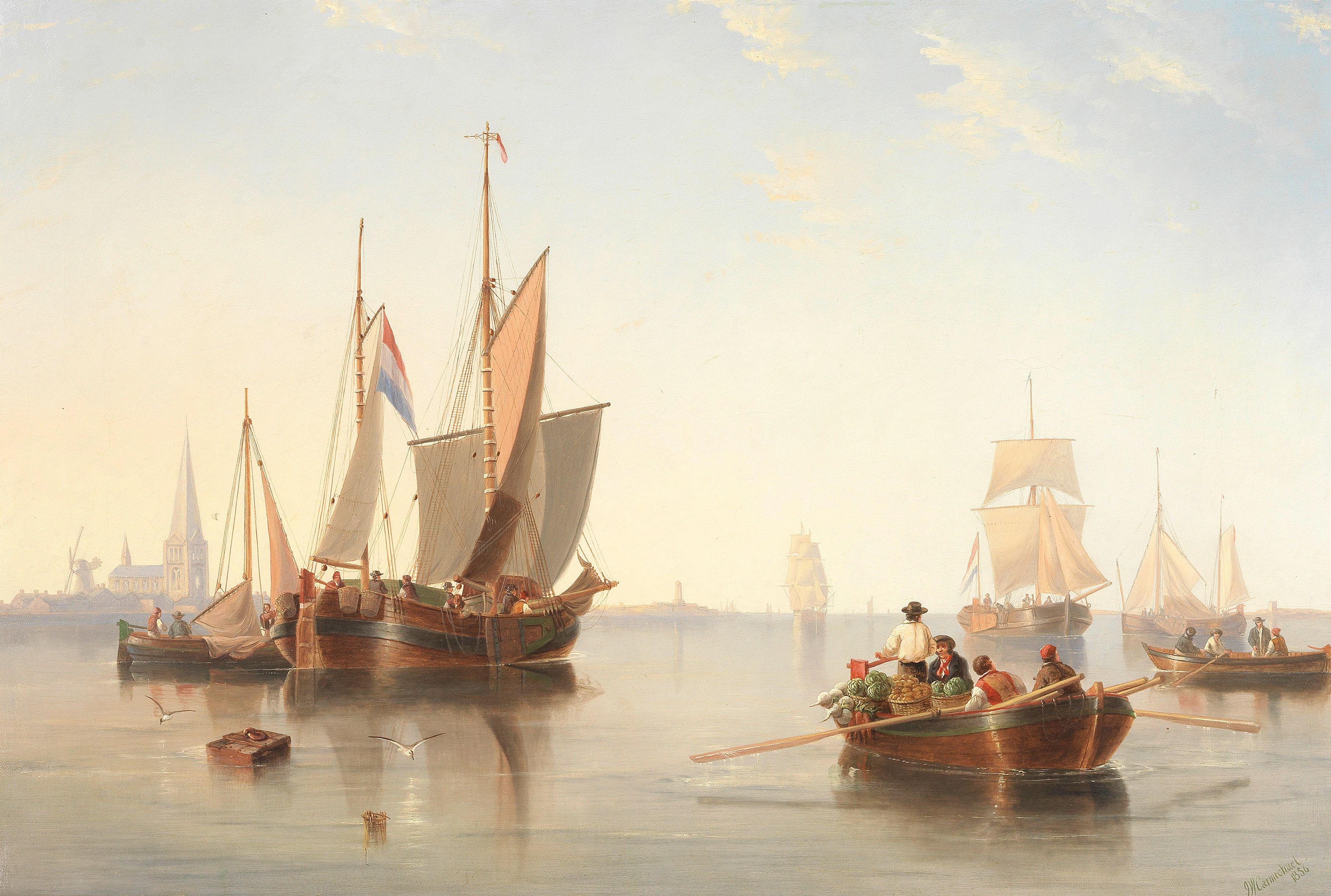 John Wilson Carmichael - Dutch shipping on a calm sea off the coast