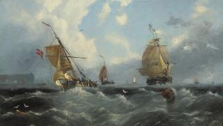 John Wilson Carmichael - Fishing boats, barges and commercial traders running down the coast in a stiff offshore breeze